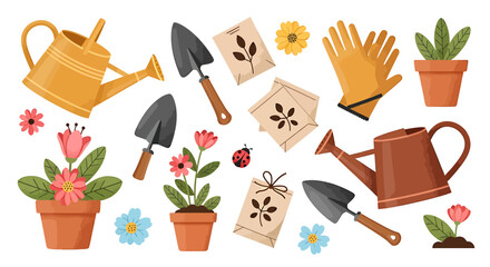 Gardening Tools and Supplies - Colorful Pots, Trowels, Watering Cans, and Gloves.
