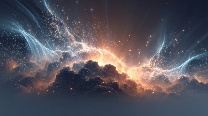 Abstract digital light particles swirling and bursting through luminous clouds, symbolizing data flow, network connections, or cosmic energy.
