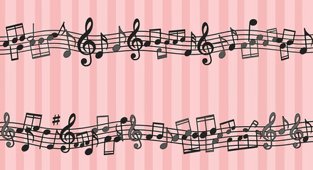 Musical Notes Border on Pink Striped Background.