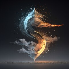 Dynamic S-shaped energy swirl with contrasting blue and orange glowing particles, symbolizing duality, balance, and innovation in abstract motion.
