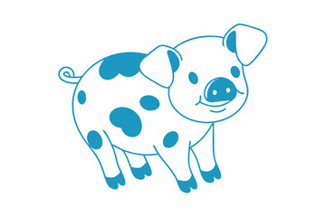 Outlined cartoon pig with cute face and blue spots standing with cheerful demeanor