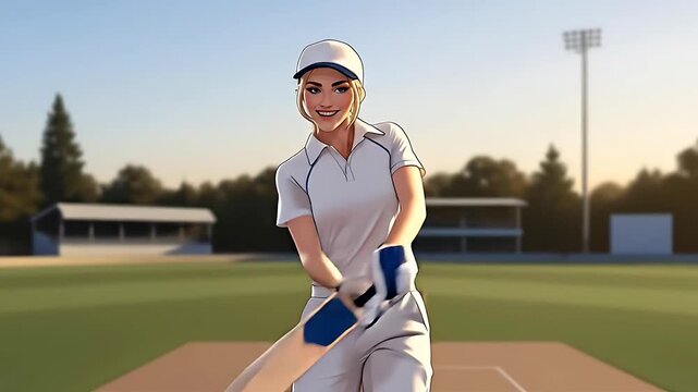 Female cricketer practicing a cricket shot with bat in field.