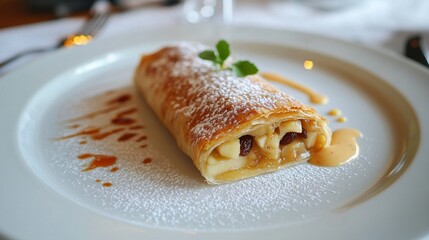 Warm apple strudel with flaky pastry, filled with spiced apples and raisins, dusted with powdered sugar and served with vanilla sauce.
