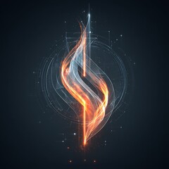 Abstract Digital Energy Flow: Intertwined Glowing Orange and Blue Light on Dark Background with Geometric Patterns