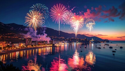 Colorful fireworks illuminate the night sky over a coastal town, reflecting on the calm water below