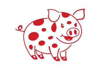 Playful red outline pig with spots smiles on a white background cheerfully