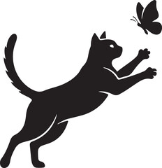 Playful Black Cat Leaping for Butterfly Silhouette Icon Pet and Insect Vector