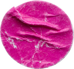 Blank pink round adhesive paper sticker label isolated on white background