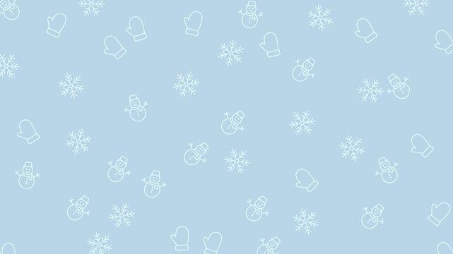 Seamless winter light blue background with outlined snowmen, snowflakes, and mittens perfect for winterthemed designs. Suitable for holiday projects.