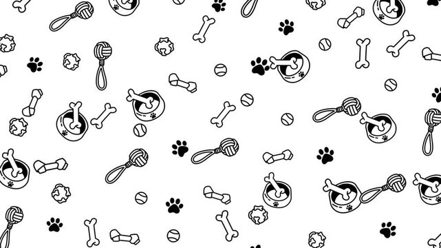 Dog bones toys bowls paws seamless pattern. Playful and charming design suitable for pet-themed products, packaging, textiles, and stationery.  Dog seamless pattern background loop animation.
