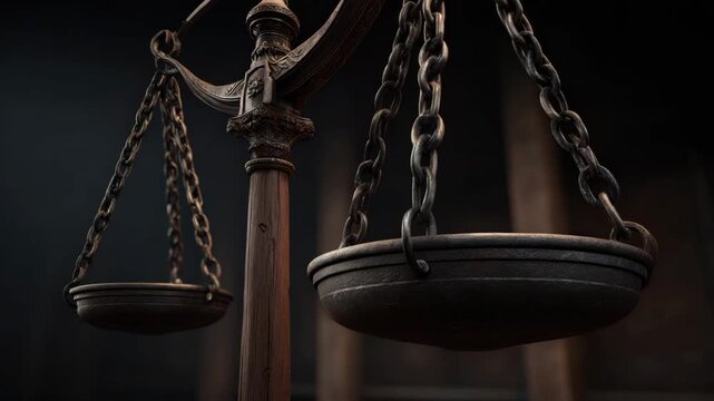 Antique balance scale with metal chains and wooden stand in dim light symbolizing justice fairness vintage symbol of balance and fairness in dramatic atmosphere and environment
