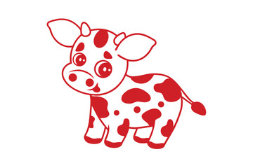 Red cartoon calf with cute eyes and spots stands joyfully on a white background