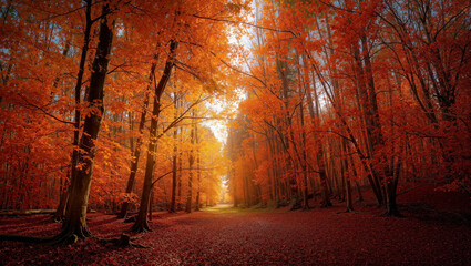 Fototapeta premium Vibrant autumn forest filled with colorful leaves during Halloween season