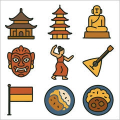 Flat Icon Set, Cultural Tourism Icons with Bold Black Outlines 