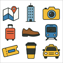 Flat Icon Set, City Trip Travel Icons with Bold Black Outlines