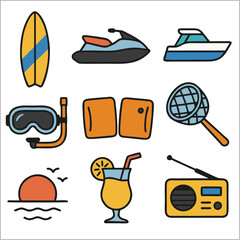 Flat Icon Set, Beach Vacation Theme with Bold Outlines