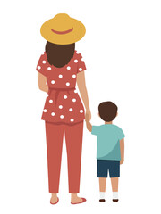 Woman in a hat holding boy hand. Mother and son bond, family concept. Parenthood and togetherness for Mother’s Day.