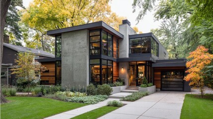 Fototapeta premium Modern Home Design with Large Windows Surrounded by Lush Greenery in Residential Neighborhood During Autumn Season