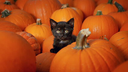 Black kitten nestled among bright orange pumpkins on a sunny autumn day during Halloween