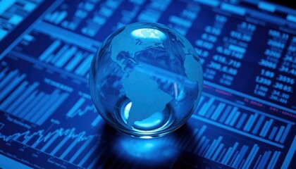 Transparent glass globe reflecting digital data and financial charts in blue light