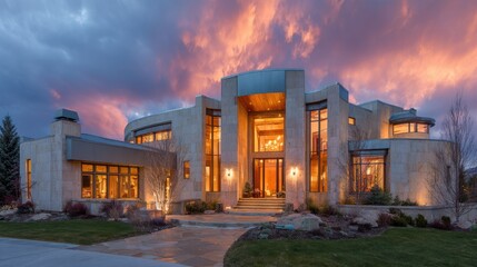 Obraz premium Modern architectural design of luxury home with large windows against dramatic sunset skies, showcasing elegance and sophistication