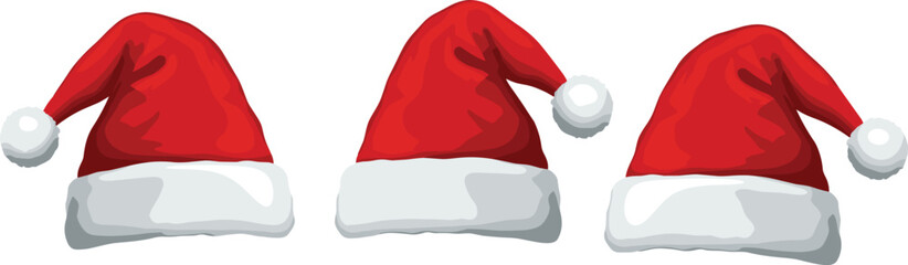 Set of red Santa hats vector illustration, Christmas holiday decoration design, festive winter accessory collection, seasonal celebration costume symbol graphic art