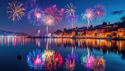 Vibrant fireworks illuminate the night sky over a serene waterfront village, reflecting in calm waters