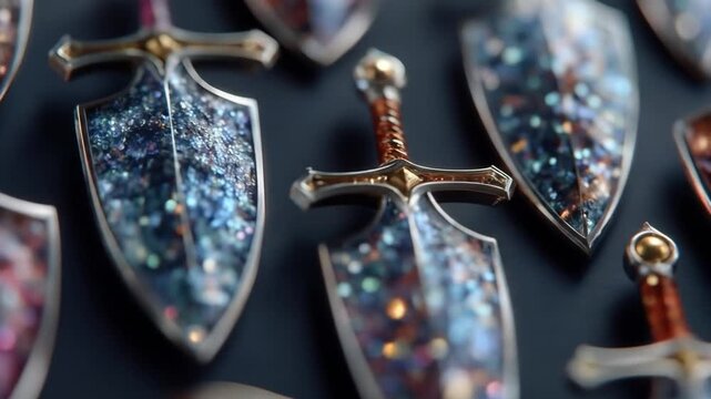 Close up of decorative swords arranged on a dark background