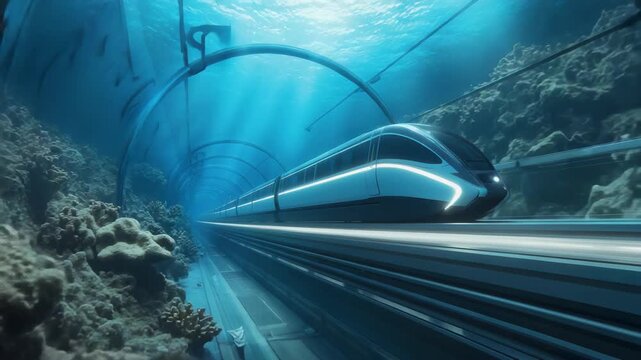Conceptual image of a sleek high-speed train traveling in a transparent tunnel under the ocean floor, future transportation infrastructure, marine engineering, and sustainable innovation in mobility.