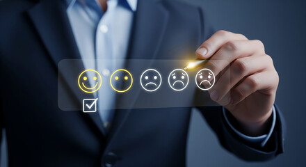 Man Giving Positive Feedback Selecting Happy Face Emoji On Virtual Interface