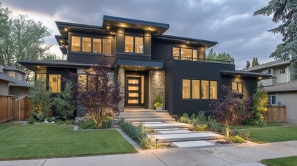 Modern Black Home with Sleek Design and Lush Landscaping Under Dramatic Sky at Dusk