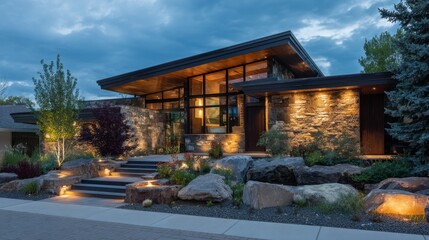 Fototapeta premium Modern architectural design featuring natural materials and landscaping in evening light with dramatic cloud backdrop
