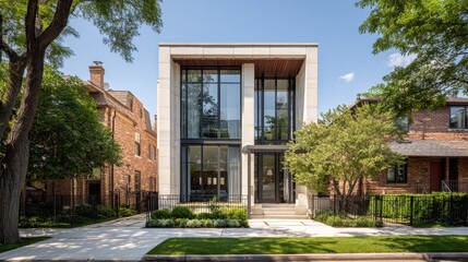 Fototapeta premium Modern architectural design of a bright, contemporary house with large windows and greenery in an urban residential setting