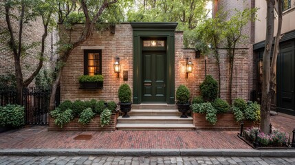 Obraz premium Charming residential entrance with lush greenery and classic brick exterior in a serene urban setting