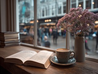 Cozy Cafe Window with Book, Coffee, and Flowers