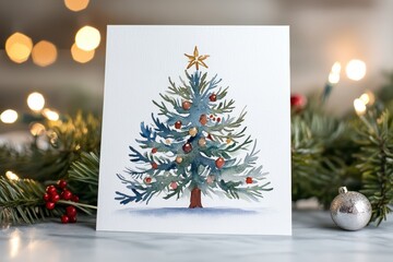 Hand-Painted Christmas Card with Tree Illustration