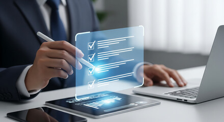 Businessman Completing Digital Checklist On Tablet For Project Management And Data Analysis