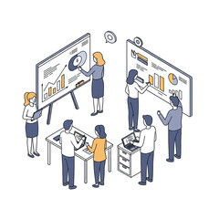 Isometric Team Analyzing Data on Graphs and Charts with Transparent Background