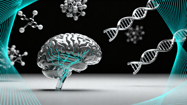 Brain with DNA and molecular structures - Powered by Adobe