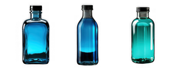 Three blue bottles isolated on transparent background, each filled with a different shade of liquid, perfect for showcasing a variety of beverages