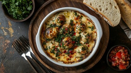 Traditional escargot baked in garlic and parsley butter, served in a white snail dish with small forks and a baguette slice on the side.