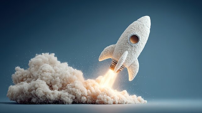 A white rocket takes off with smoke and fire against a blue background.