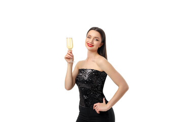 Woman in a sequined black top holding a champagne glass, isolated, PNG