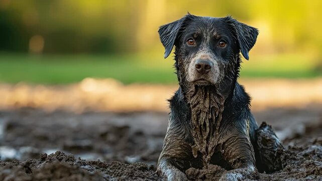 Black dog covered in mud sits on muddy ground with blurred background
