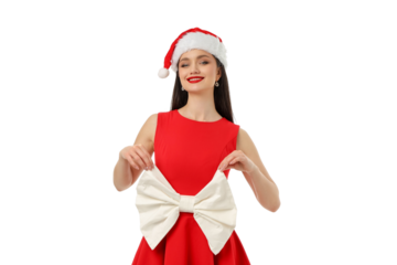 Woman in red dress and Santa hat with bow, isolated, PNG