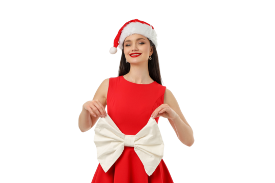 Woman in red dress and Santa hat with bow, isolated, PNG
