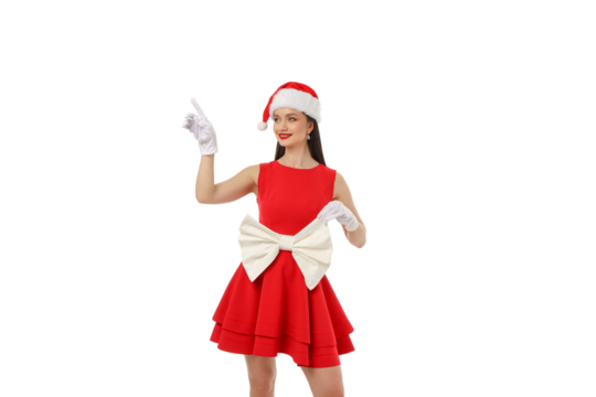 Woman in red dress and Santa hat, gesturing, isolated, PNG