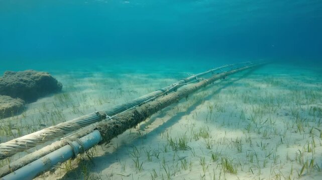 A long underwater communication cable lies across the sandy seabed in clear blue water, global connectivity, digital infrastructure, technology, and the hidden systems that connect the modern world.