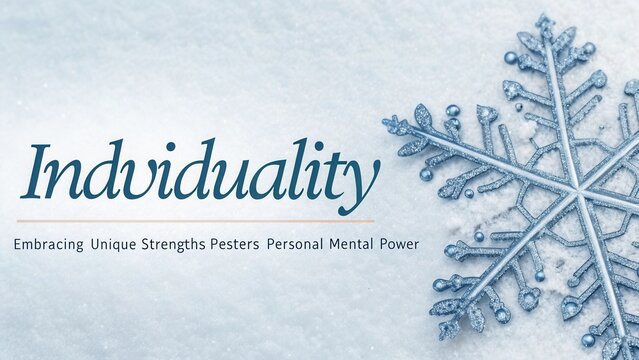 Blue glitter snowflake with individuality text on a snowy background