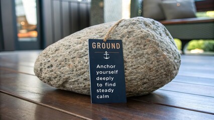 A large stone with a grounding tag resting on a dark wood surface